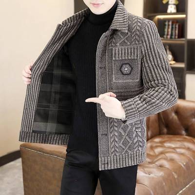 男士毛呢外套秋冬季翻领条纹休闲夹克男加绒加厚时尚短款呢子大衣