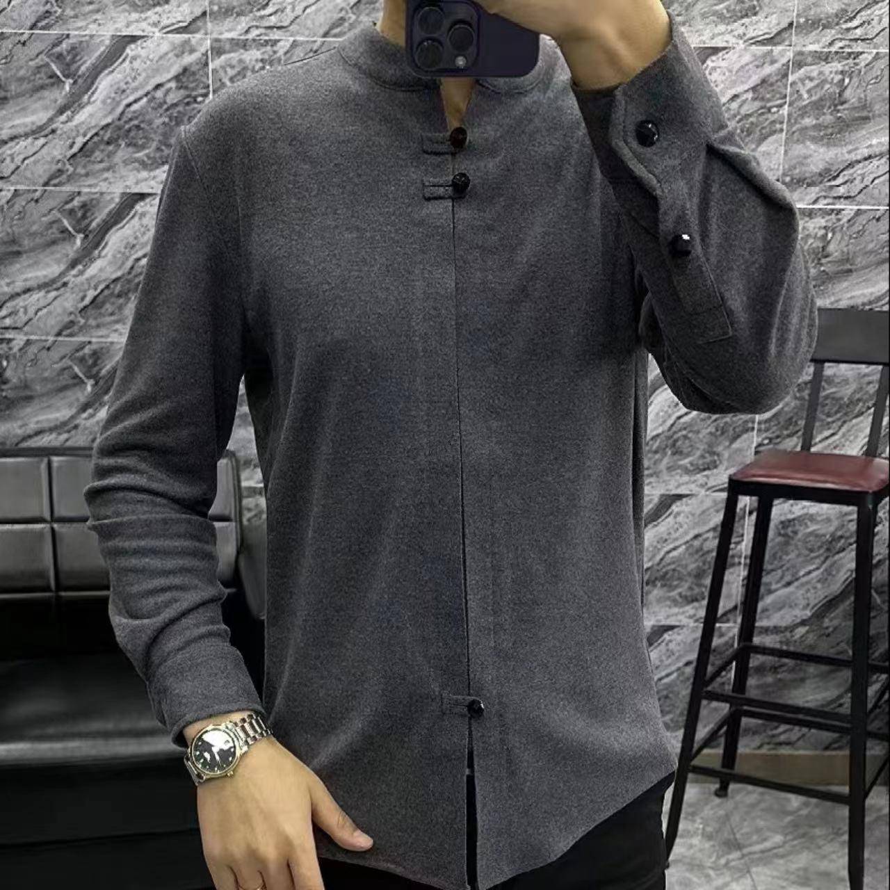 欧货潮牌春秋男士新款上衣时尚商务休闲衬衫立领高档男长袖