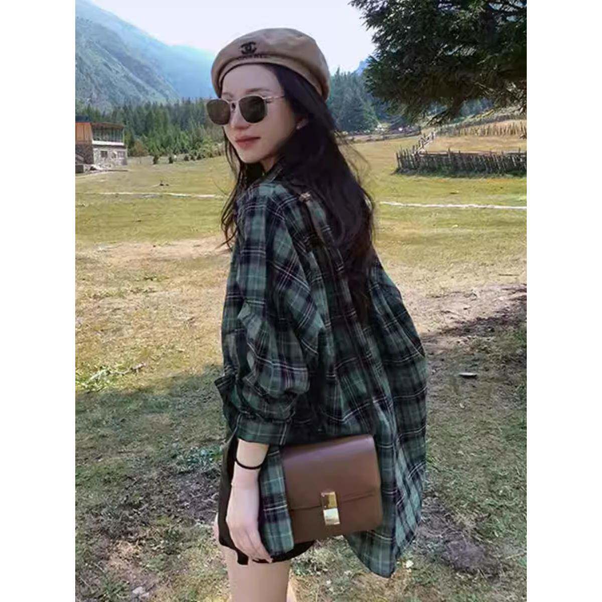 欧洲站绿色格子衬衫女2025年新款洋派时尚春秋季长袖休闲防晒上衣