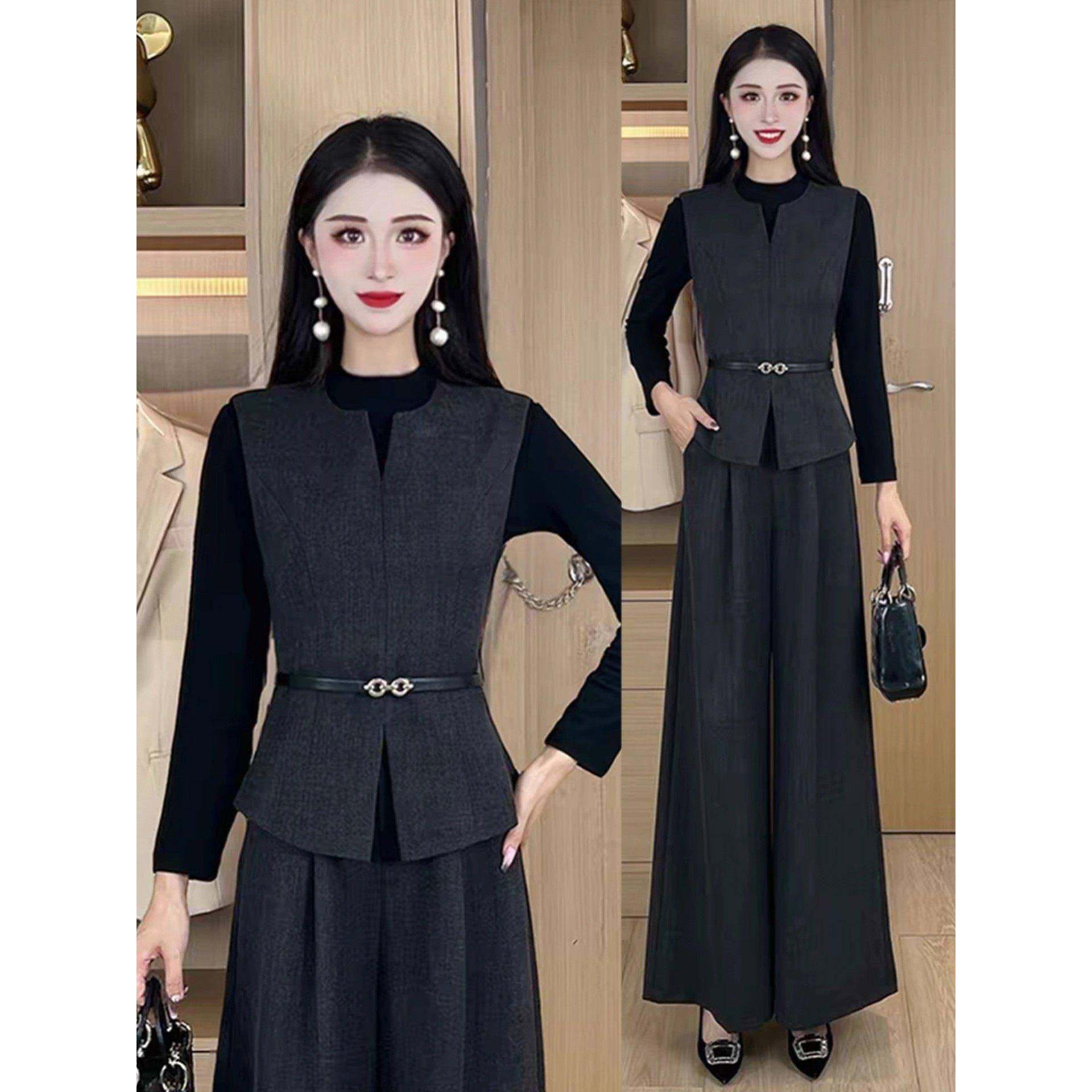 香港代购时尚气质套装女秋季新款高级感马甲打底衫阔腿裤三件套潮