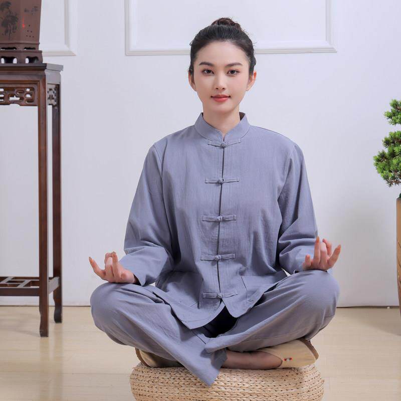 覆古居士服女2025春秋新款寺院佛衣纯棉显瘦禅服长袖立领盘扣套装