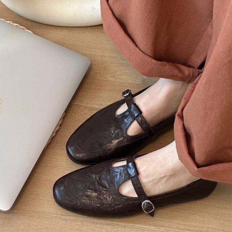 香港真皮2025春秋休闲小众覆古玛丽珍日系风新款T型带平底单鞋女,女鞋,浅口单鞋,淘宝优惠券,粉丝福利购,淘宝优惠卷