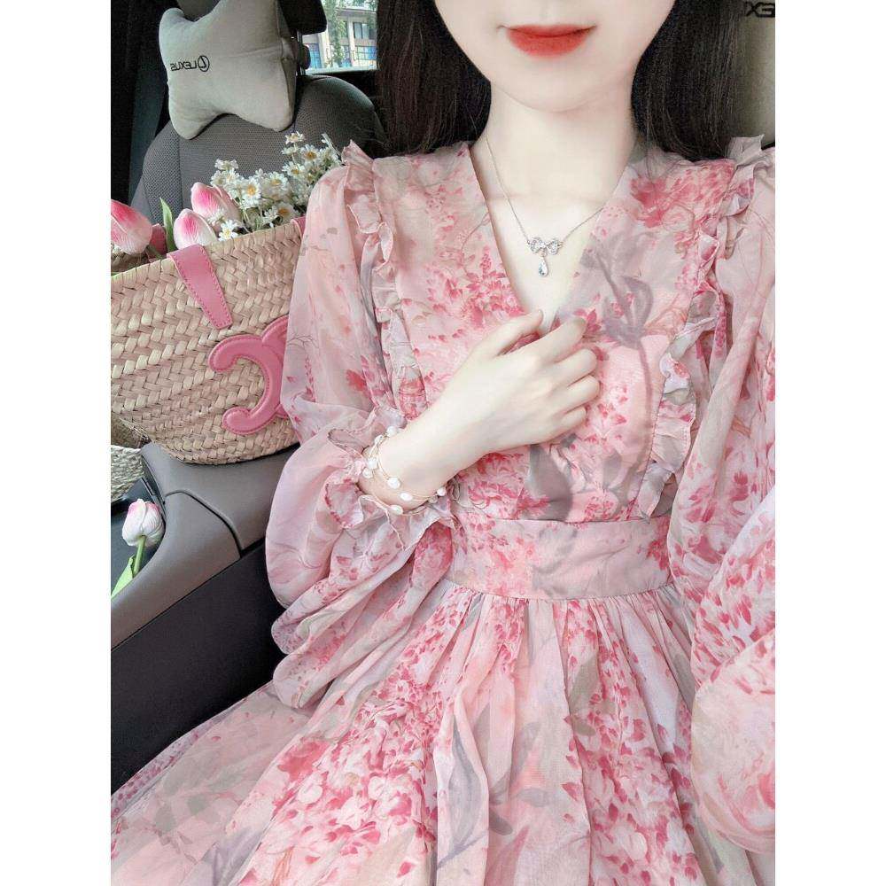 欧洲站秋装2025新款粉色碎花长袖连衣裙女气质名媛女神范收腰裙子