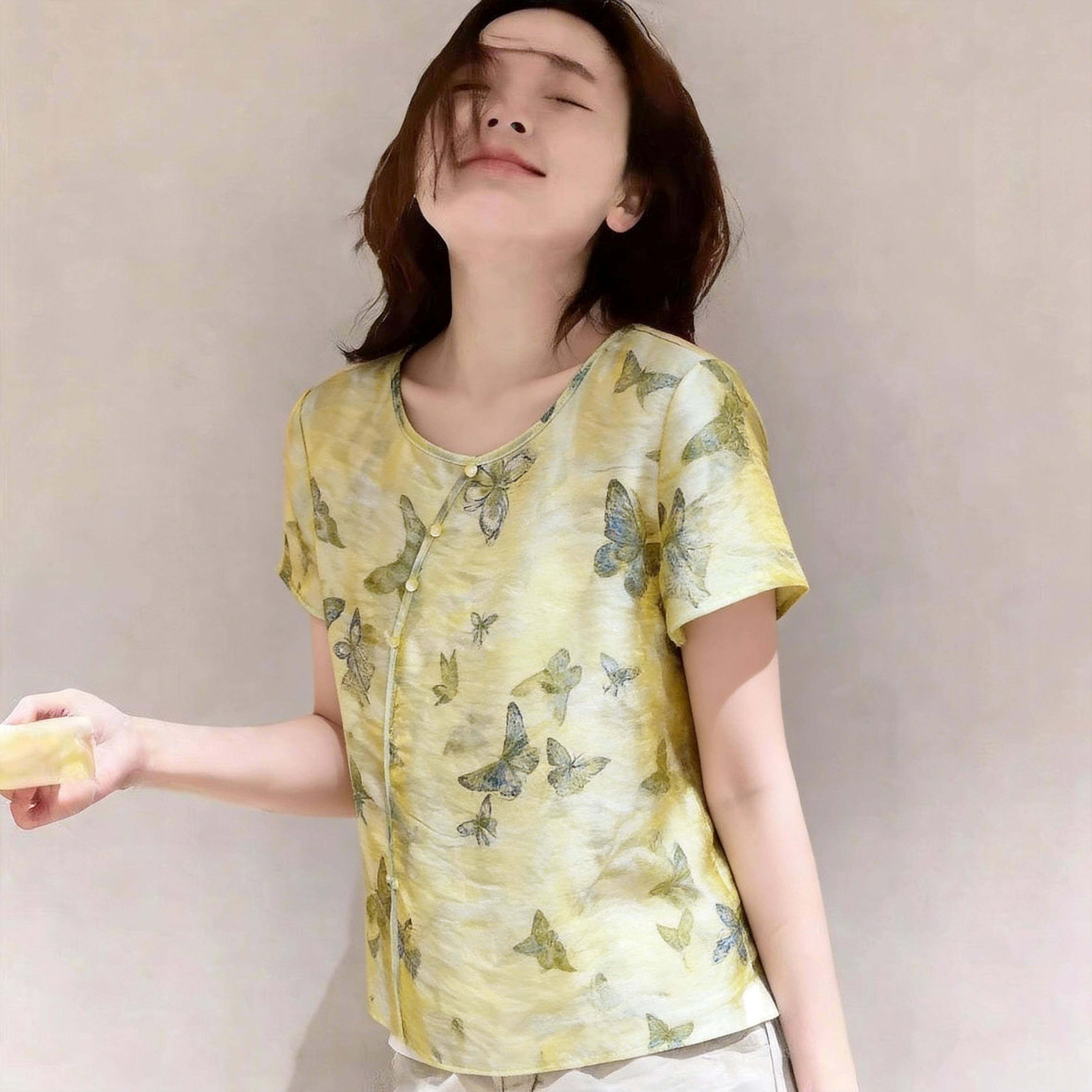 新中式国风浮光锦显瘦绸缎盘扣唐装小衫女夏季新款显白短袖上衣潮