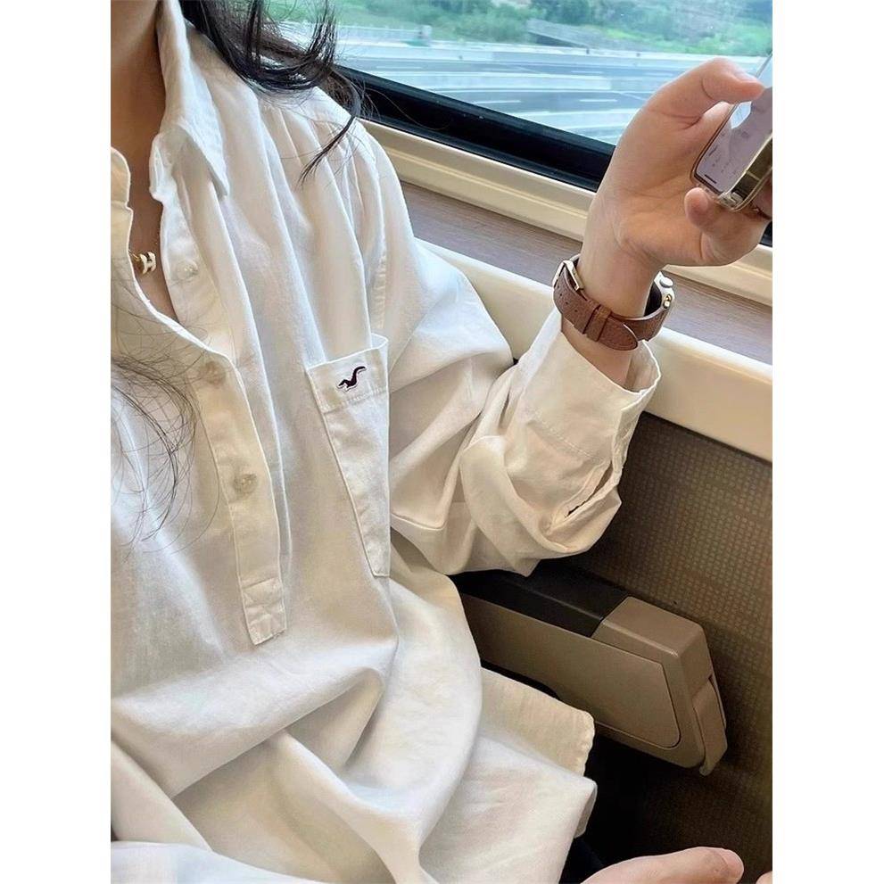 韩国法式飞鸟刺绣白色衬衫女士2025秋季宽松慵懒气质衬衣长袖上衣