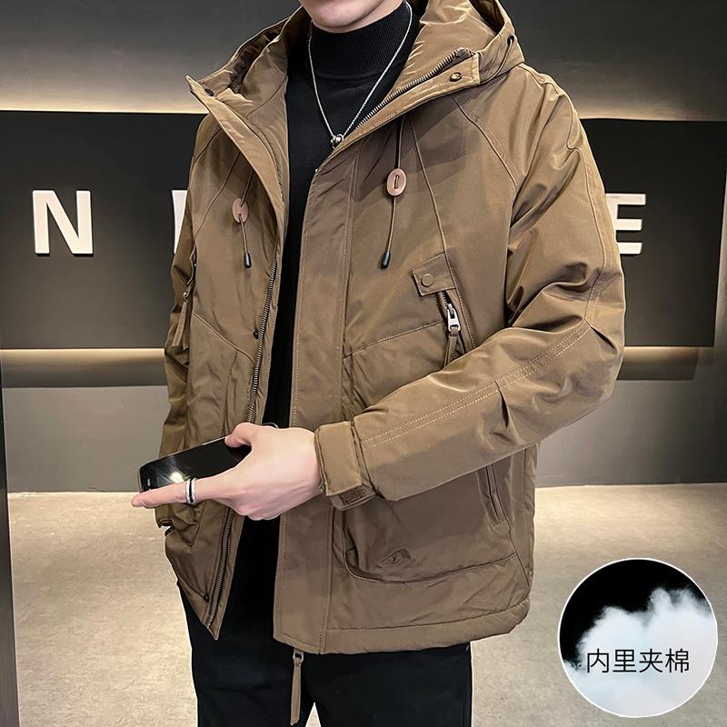 冬季加棉工装外套男2025新款潮牌宽松口袋拉链设计冲锋衣连帽夹克