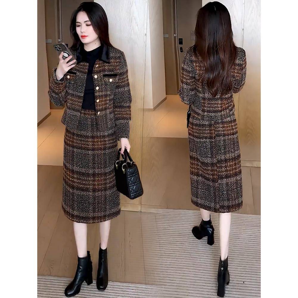 香港代购时尚套装裙女秋冬新款洋气小香风格子短外套连衣裙两件套