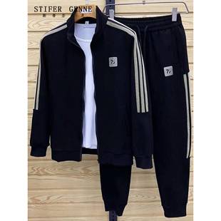 斯蒂芬条纹印花运动套装男春秋季2025新款潮牌高端休闲男士两件套