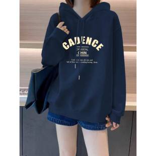 韩国宝蓝色连帽卫衣女2025春秋oversize设计感小众加绒加厚外套潮