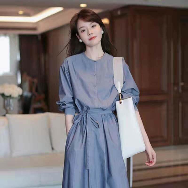 欧洲秋衣女装2025新款冷款女装高品质御姐蓝长袖连衣裙