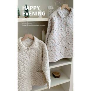 日系甜美格纹翻领三层夹棉睡衣女冬季加绒加厚可外穿巨保暖家居服