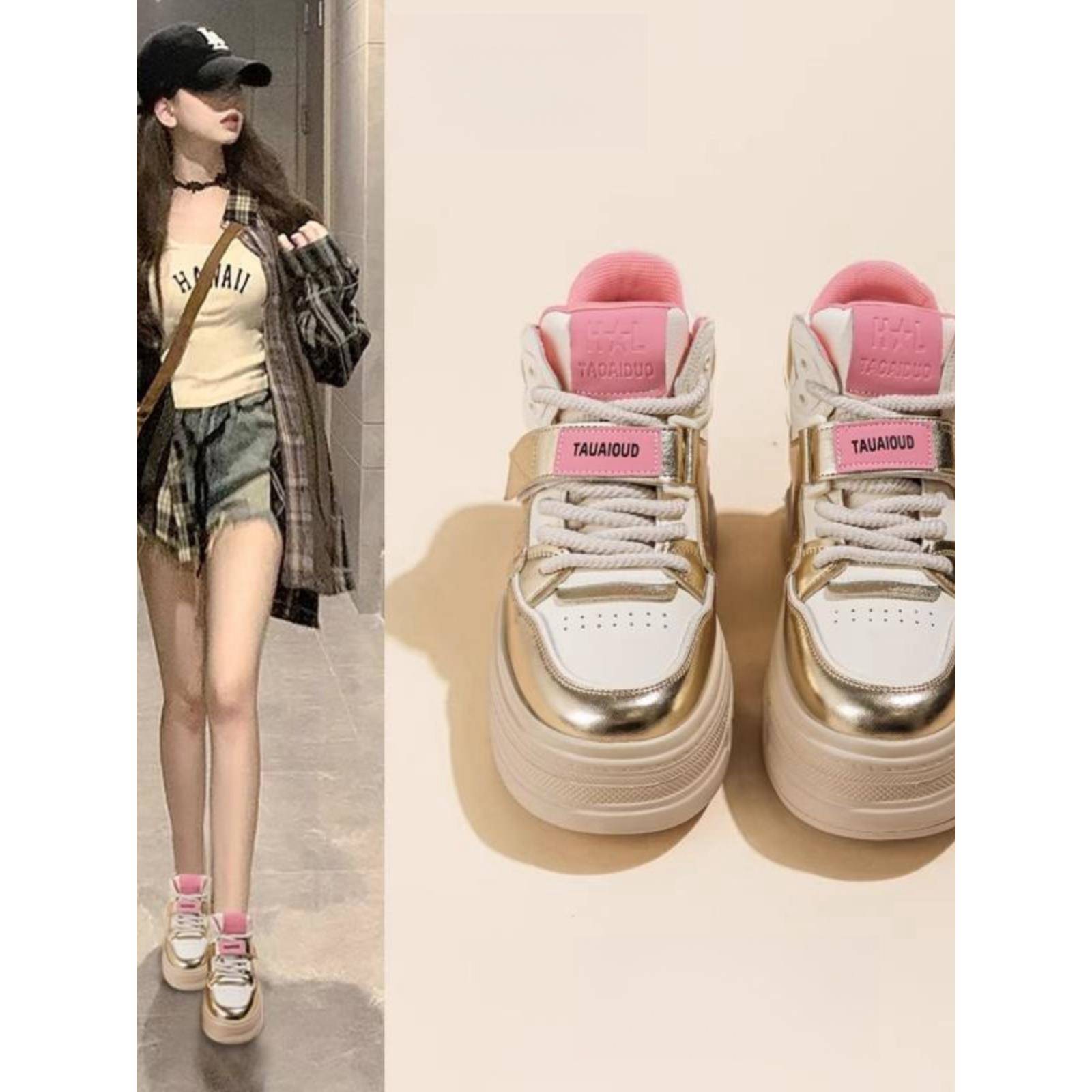 香港真皮高帮鞋女小白鞋厚底松糕鞋2025秋冬新款女鞋加绒运动休闲