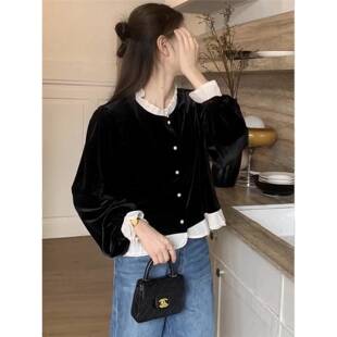 木耳边金丝绒衬衫女2025春秋季新款高级感洋气时尚小个子法式上衣