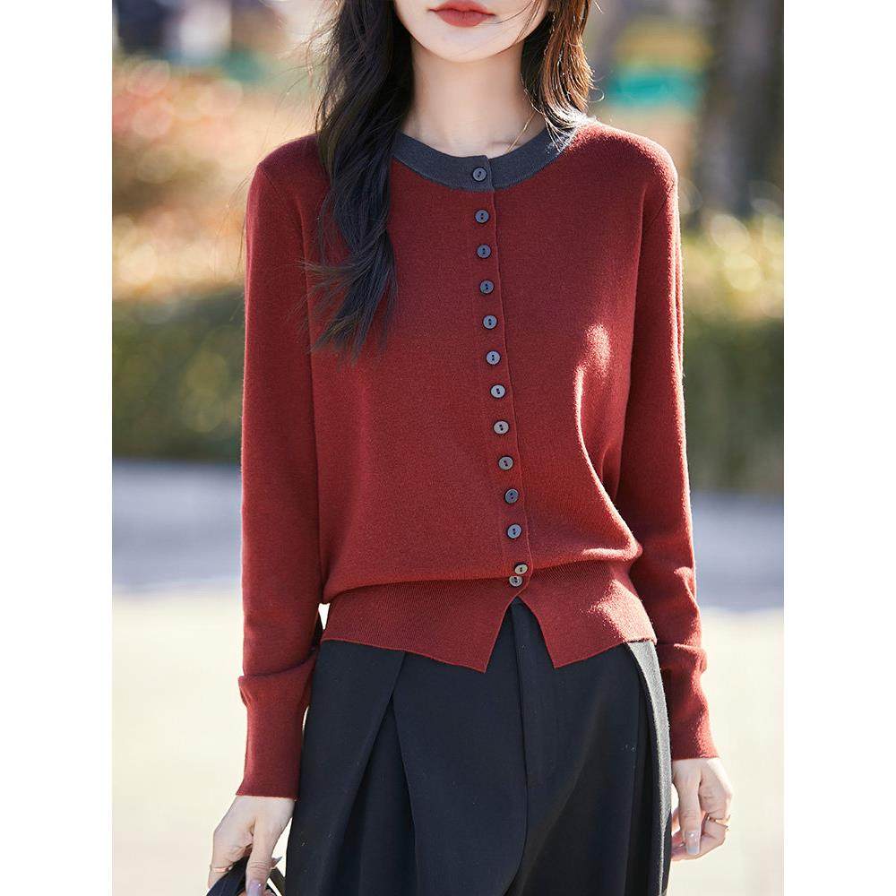 高级感覆古撞色圆领精纺羊毛针织开衫女洋气百搭显瘦宽松长袖外套,女装/女士精品,毛针织衫,淘宝优惠券,粉丝福利购,淘宝优惠卷