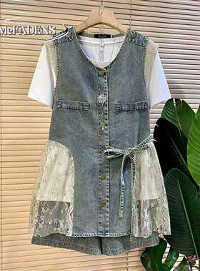 香港夏季新款时尚蕾丝拼接牛仔马甲百搭短裤大码女装打底衫套装潮