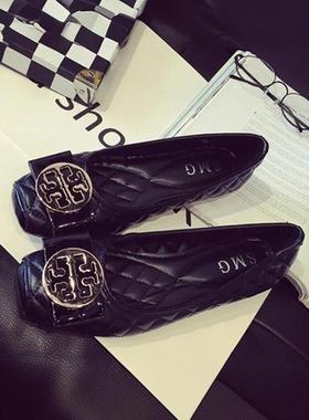 港风轻奢新款~黑色真皮单鞋女春秋浅口方头平底软底一脚蹬豆豆鞋