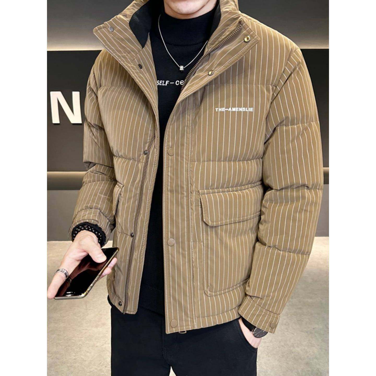 高端立领羽绒服男冬季加厚潮流条纹男士短款白鸭绒保暖防寒皮外套