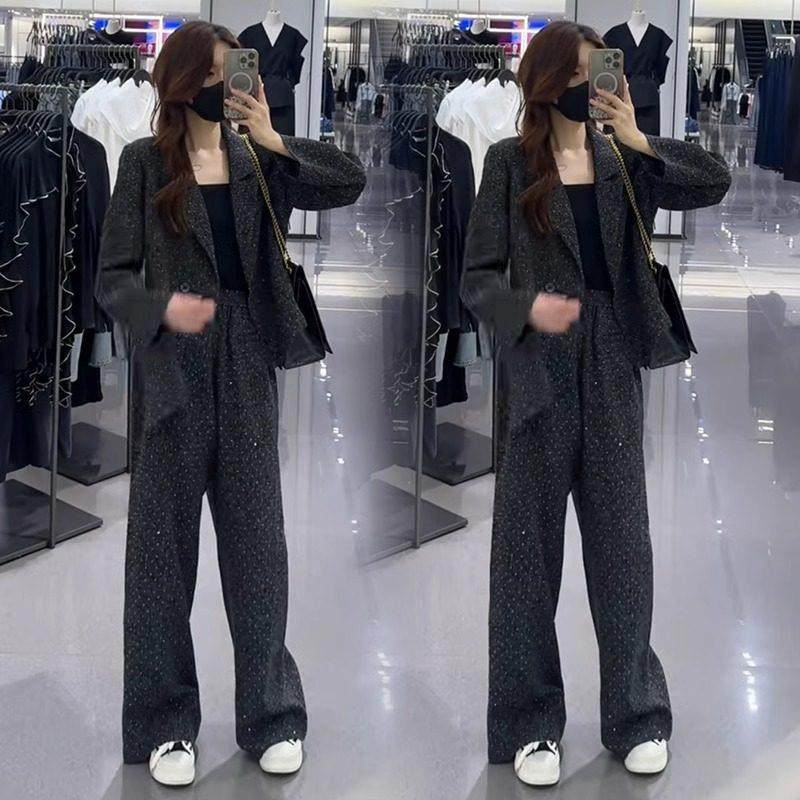 宽松休闲气质西服套装女2025秋冬新款洋气亮钻小西服阔腿裤两件套