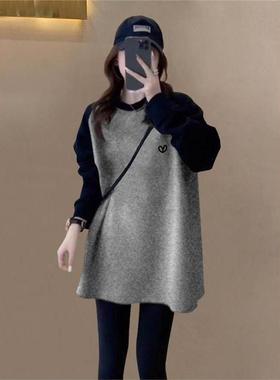 韩系新款撞色磨毛长袖t恤女中长款宽松灰色上衣加厚打底衫春秋季