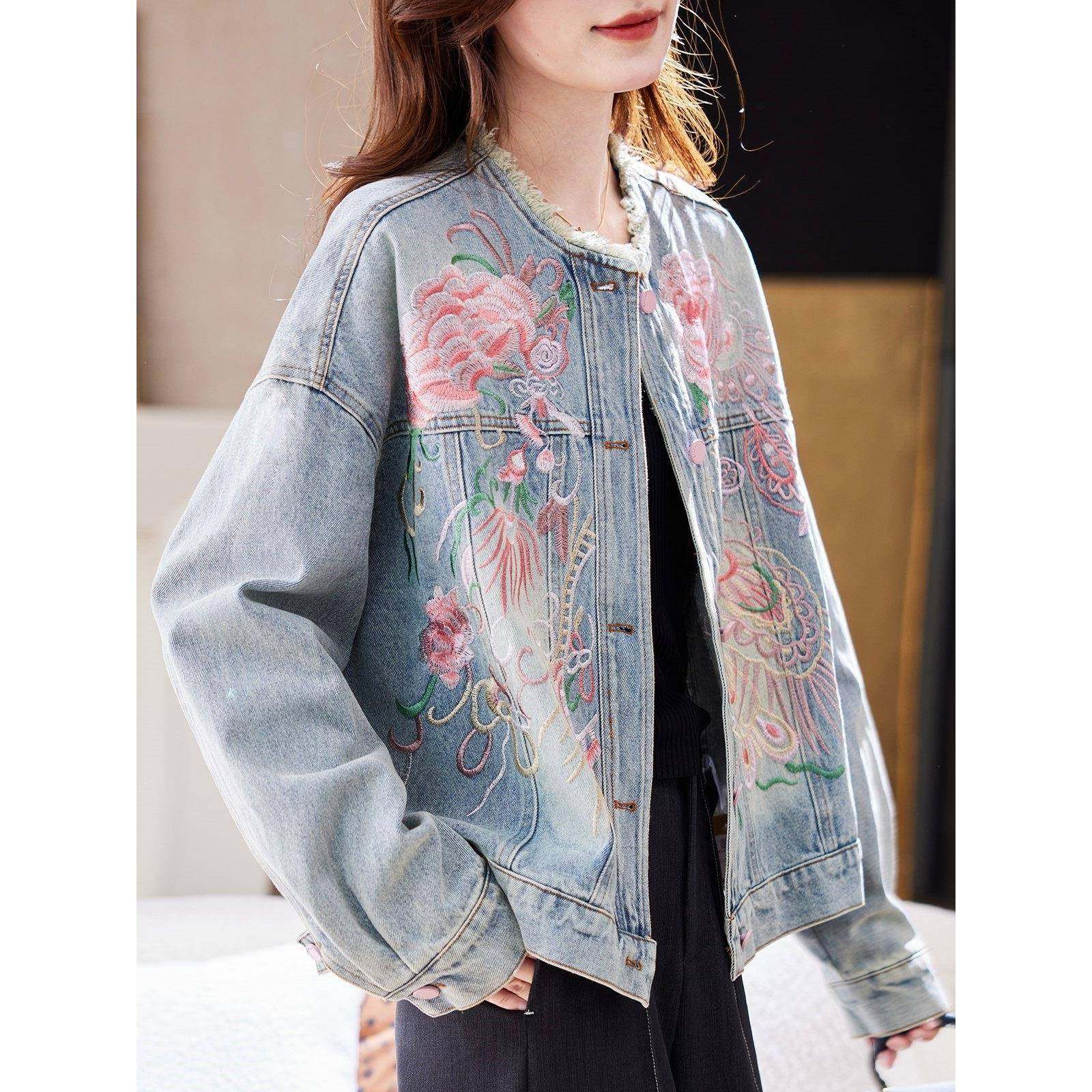 新中式国风刺绣牛仔外套女2025秋季新款覆古设计感圆领高级感上衣,女装/女士精品,派克服,淘宝优惠券,粉丝福利购,淘宝优惠卷