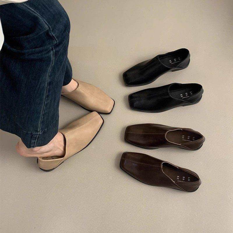 可踩脚复古方头小皮鞋女英伦风秋冬韩版休闲一脚蹬软皮平底乐福鞋,女鞋,深口单鞋,淘宝优惠券,粉丝福利购,淘宝优惠卷