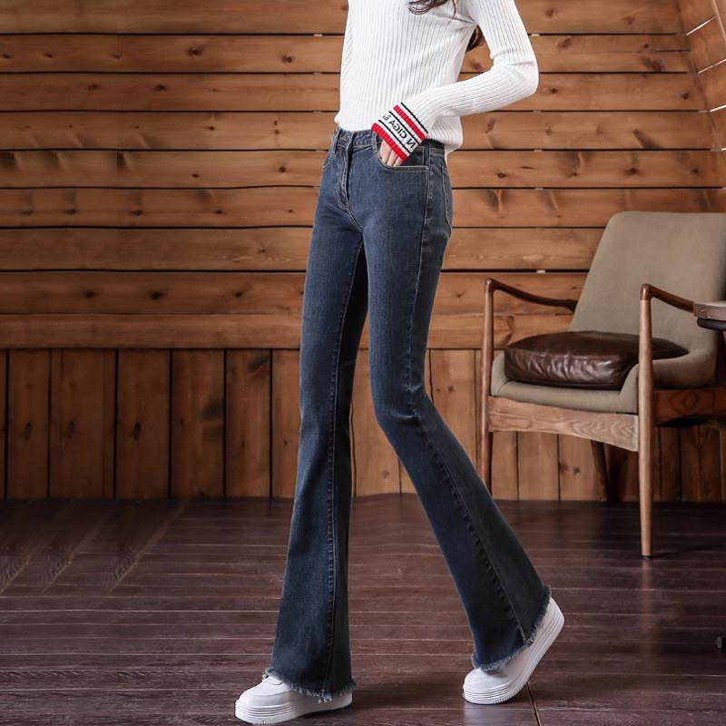 微喇牛仔裤女春秋高腰宽松显瘦阔腿女裤小个子坠垂感毛边喇叭裤子