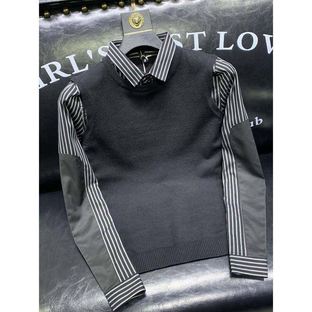 秋冬季加绒条纹衬衫假两件毛衣男韩版时尚修身高端潮流针织打底衫