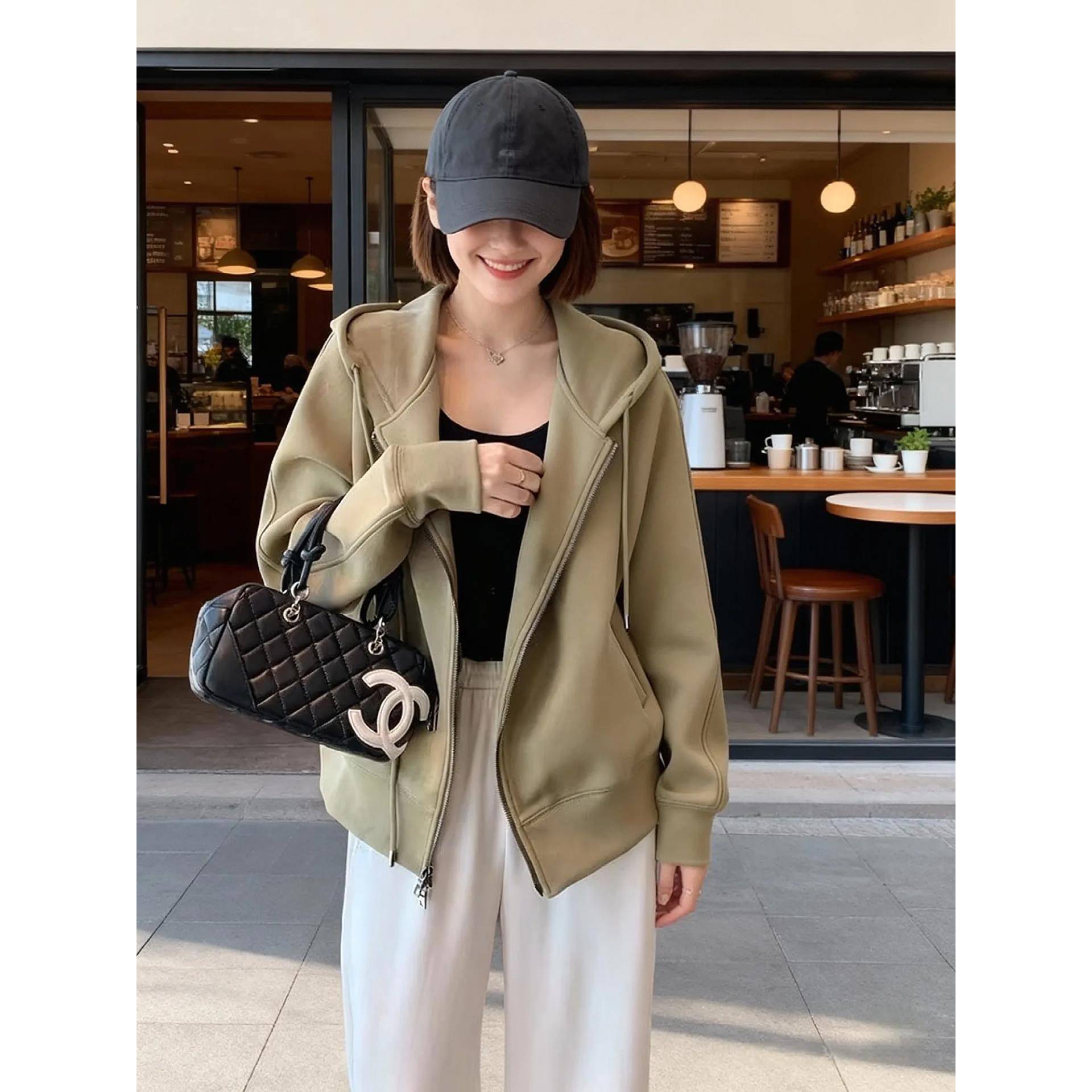 韩国橄榄绿休闲风连帽拉炼卫衣外套女秋冬宽松百搭加绒加厚短外套