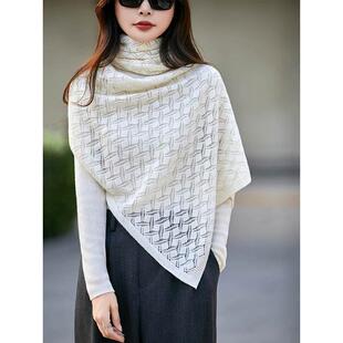 100%纯羊毛镂空披肩女士高档两用针织围巾外搭开衫斗篷搭肩围脖套
