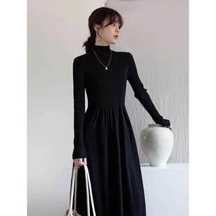 欧洲站2025新款高级感黑色毛衣长裙收腰半高领打底针织连衣裙秋冬