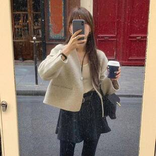 【现货】韩国OUNCE休闲简约气质短款纯色短款羊毛毛呢宽松外套女