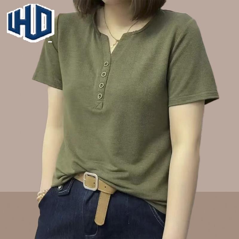 轻奢休闲v领纯色短袖t恤女2025夏季新款时尚设计感修身半袖上衣潮