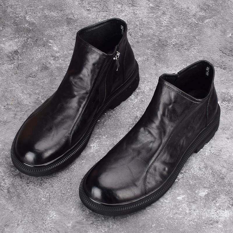 真皮马丁靴男头层牛皮高帮皮鞋厚底加绒皮靴拉链商务切尔西靴子男