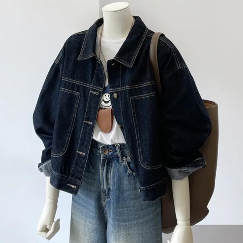 潮牌春秋新款深蓝色短款牛仔外套女韩版休闲口袋工装百搭显瘦上衣