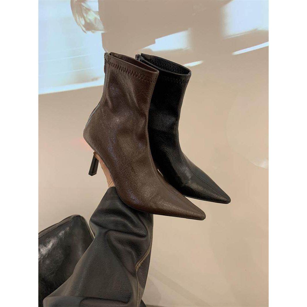 真皮法式气质咖色尖头细跟高跟小踝靴洋气韩系小短靴女秋冬单靴潮,女鞋,时装靴,淘宝优惠券,粉丝福利购,淘宝优惠卷