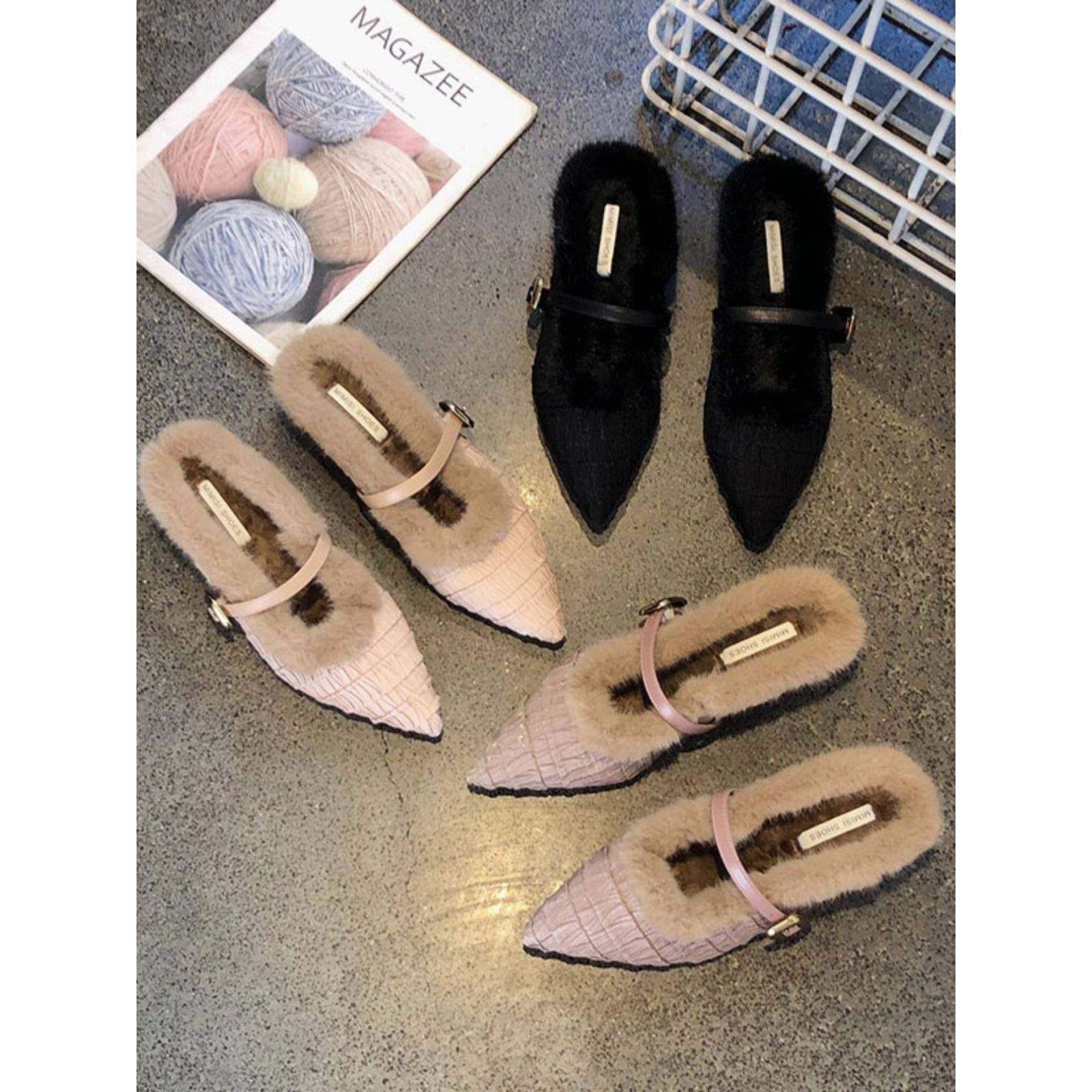 潮牌小香风内增高加绒保暖毛毛鞋女秋冬外穿尖头一字带包头半拖鞋,女鞋,毛毛鞋,淘宝优惠券,粉丝福利购,淘宝优惠卷