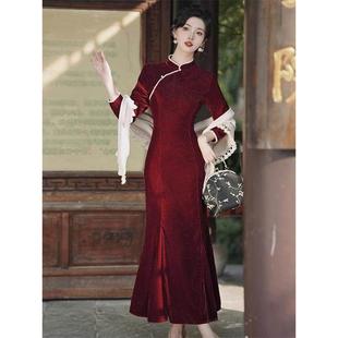 Ocnltiy酒红色亮丝旗袍连衣裙女秋冬季气质名媛小个子鱼尾晚礼服