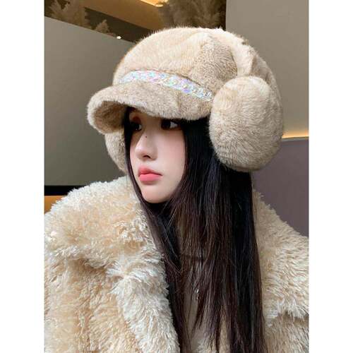 毛绒棒球帽子女2025新款秋冬季加厚保暖骑车护耳防寒鸭舌帽显脸小