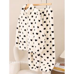 韩版爱心立领拉炼珊瑚绒睡衣女秋冬季巨保暖可外穿加绒加厚家居服