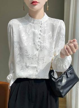 韩国Honey koko⭐白色真丝衬衫女秋季长袖立领衬衣中式印花上衣