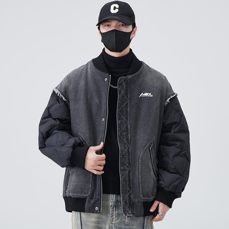 美式高街棒球羽绒服男潮牌2025冬季新款百搭牛仔拼接短款男士外套