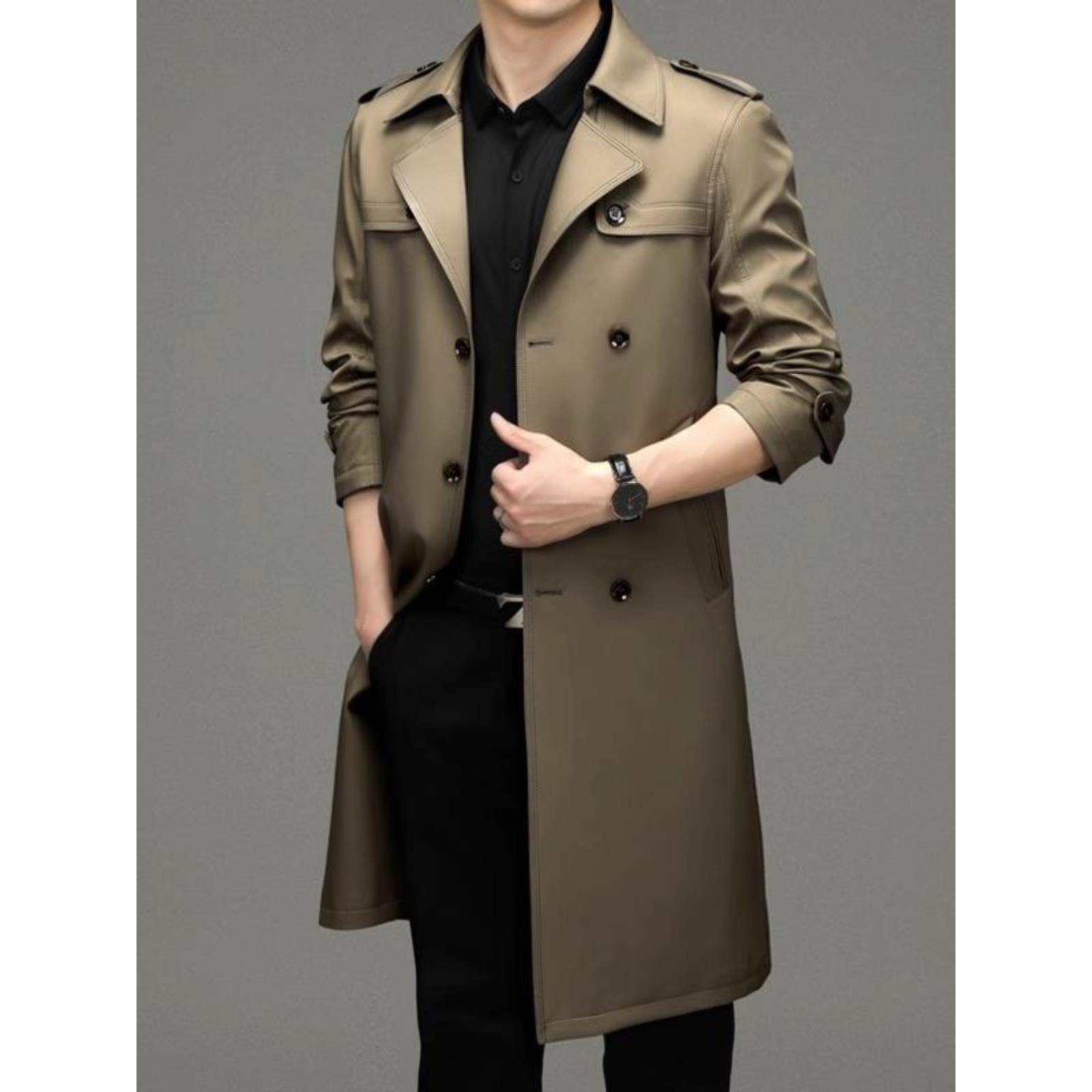 西装领风衣外套男秋冬过膝中长款双排扣潮流羊毛内胆男士休闲大衣