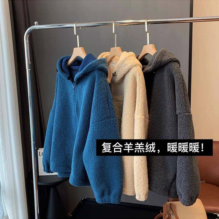 韩国保暖摇粒绒加绒宽松休闲羊羔毛连帽外套女秋冬新款卫衣开衫潮