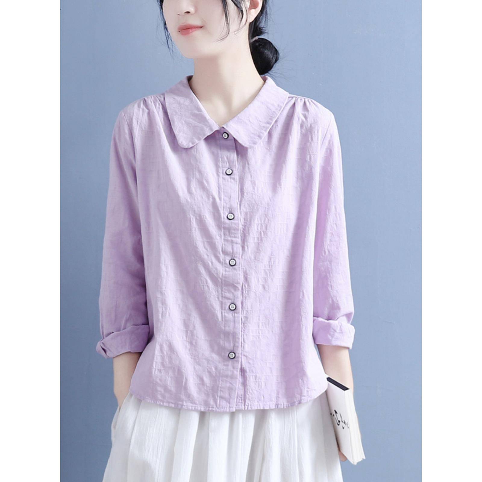 香港棉麻衬衫女春秋新款文艺覆古风娃娃领黑白扣提花宽松长袖上衣