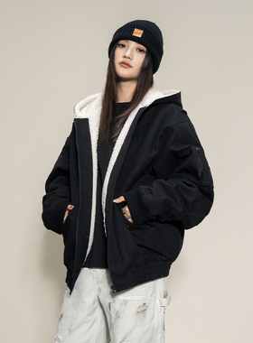 Makemore外套男春季羊羔绒座山雕高级黑色宽松美式工装棉服夹克