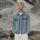 Makemore牛仔外套男秋季 复古休闲宽松情侣夹克上衣女 重磅水洗美式