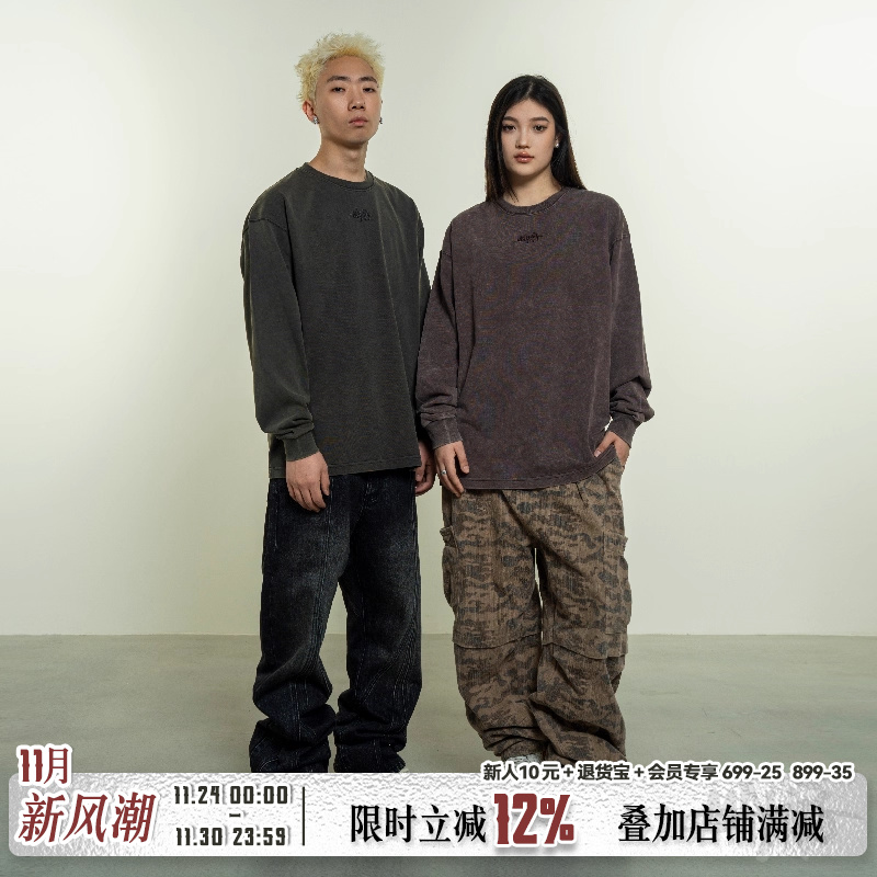 Makemore口袋小皮标长袖t恤情侣