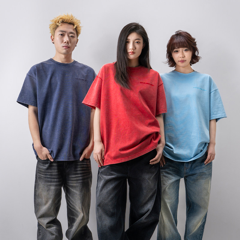Makemore短袖T恤男*水洗档案红色新款厚刺绣宽松纯棉美式高级上衣