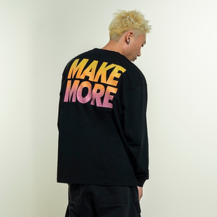 彩虹漸變燙鉆純棉美式 寬松圓領黑色上衣 T恤男秋新款 Makemore長袖
