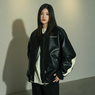Makemore棒球服外套男春秋新款 休闲复古潮流皮衣夹克女 黑色美式